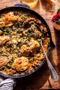 One Skillet Tuscan Chicken and Orzo.