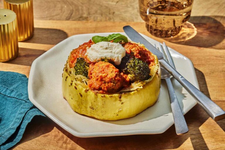 Spaghetti Squash Nests with Vodka Sauce, Broccoli & Chicken Meatballs