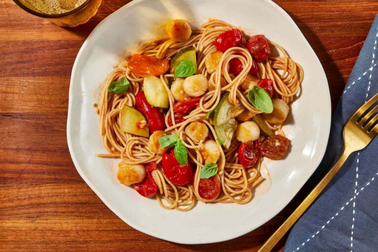 Pasta with Garlicky Tomato Sauce & Bay Scallops