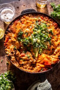 One Skillet Cheesy Salsa Chicken Rice Bake.