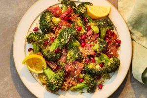 Roasted Broccoli Salad with Warm Bacon Vinaigrette