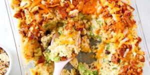 Broccoli and Cheese Rice Casserole With Garlic Pretzel Topping Recipe