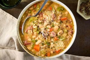 Cacio e Pepe Ham and White Bean Soup