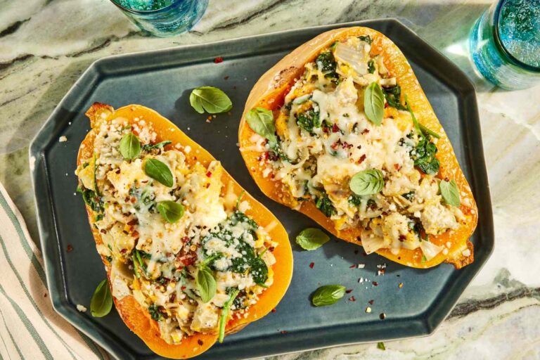 Cheesy Spinach & Artichoke–Stuffed Butternut Squash