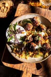 One Skillet Greek Meatballs and Lemon Rice.