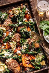 Sheet Pan Sesame Feta Chicken and Sweet Potatoes.