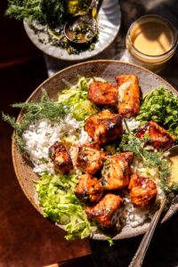 Spicy Honey Mustard Salmon Bowls.