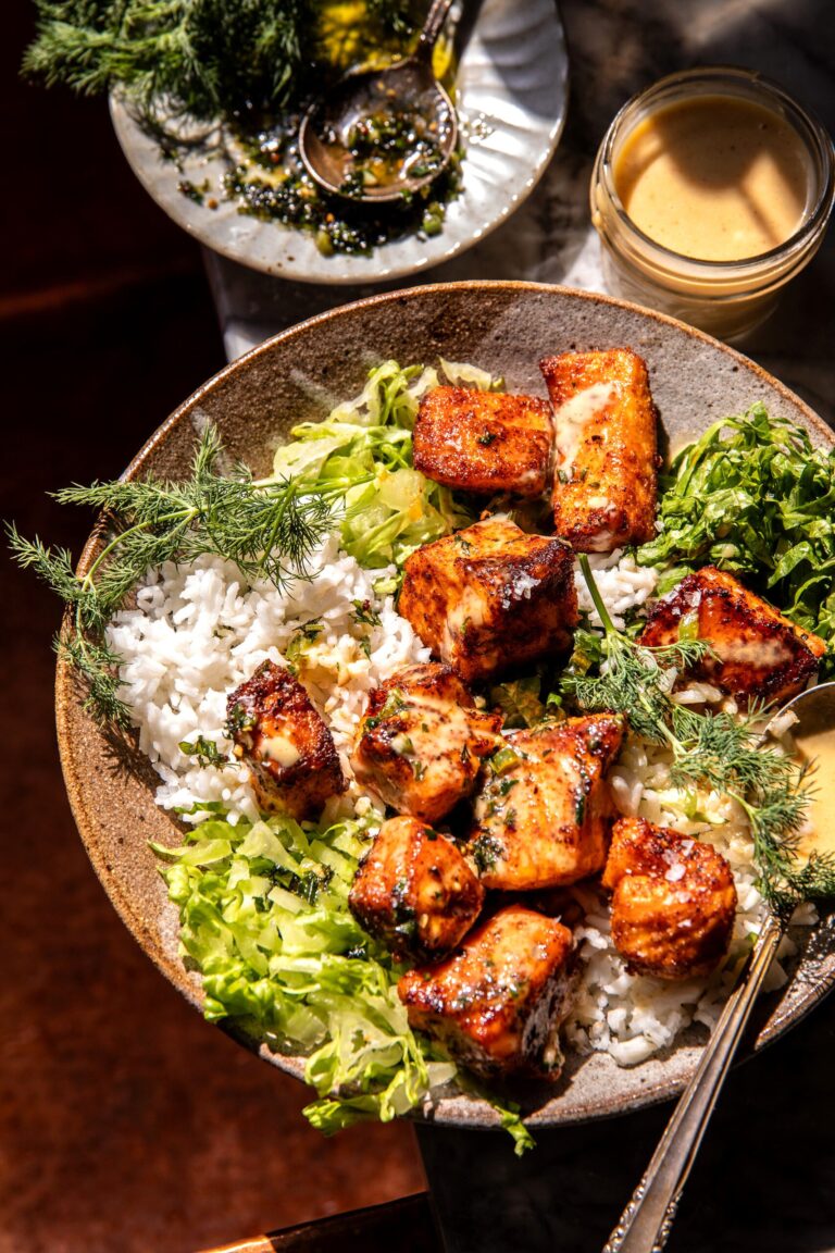 Spicy Honey Mustard Salmon Bowls.